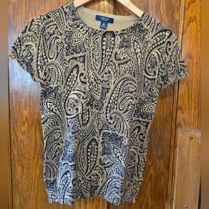 Chaps Paisley Cotton Sweater Short Sleeve Navy/ Tan Sz SMALL